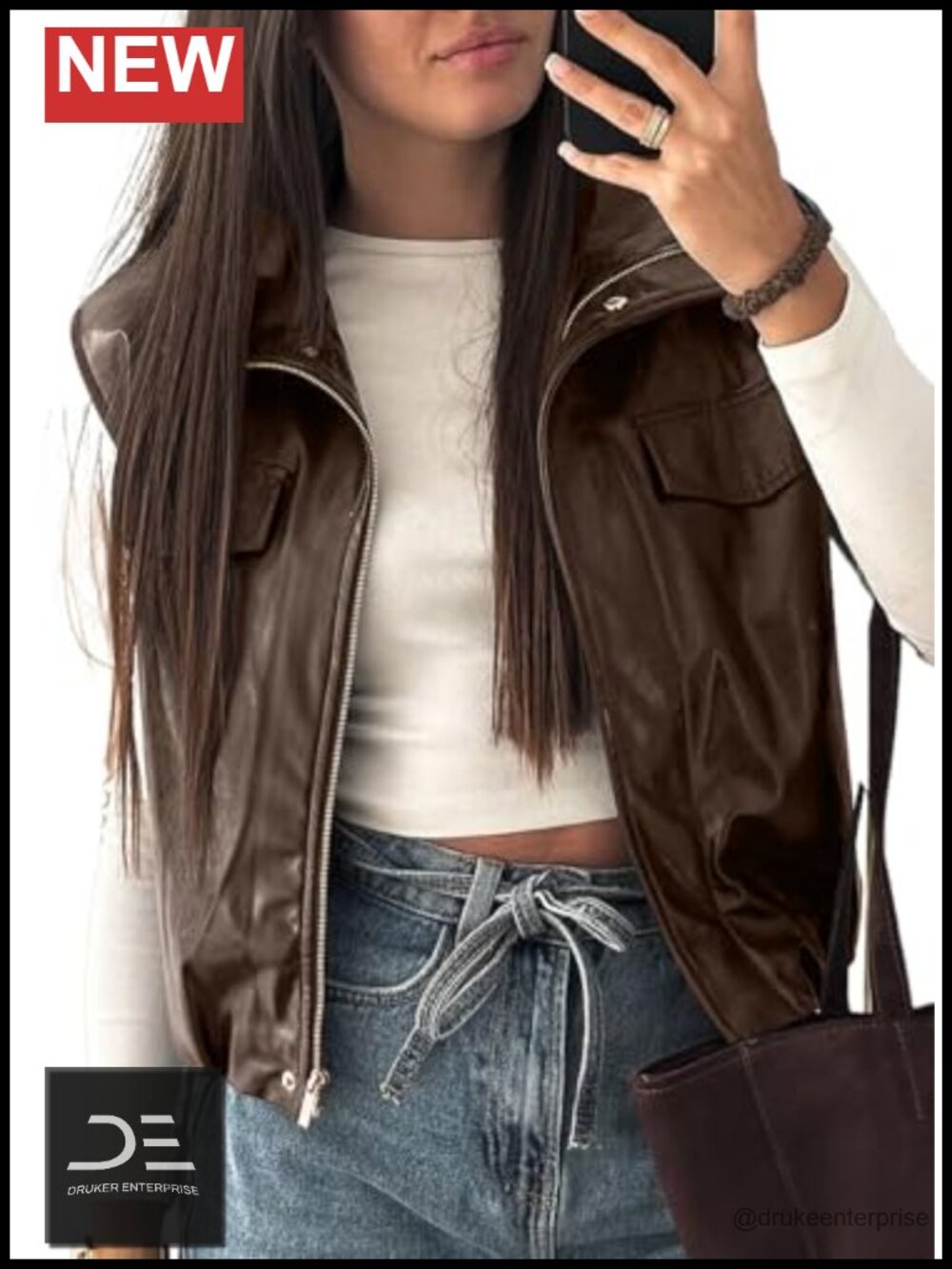 Faux Leather Sleeveless Moto Vest Zip Up Jacket Fall Winter Layer